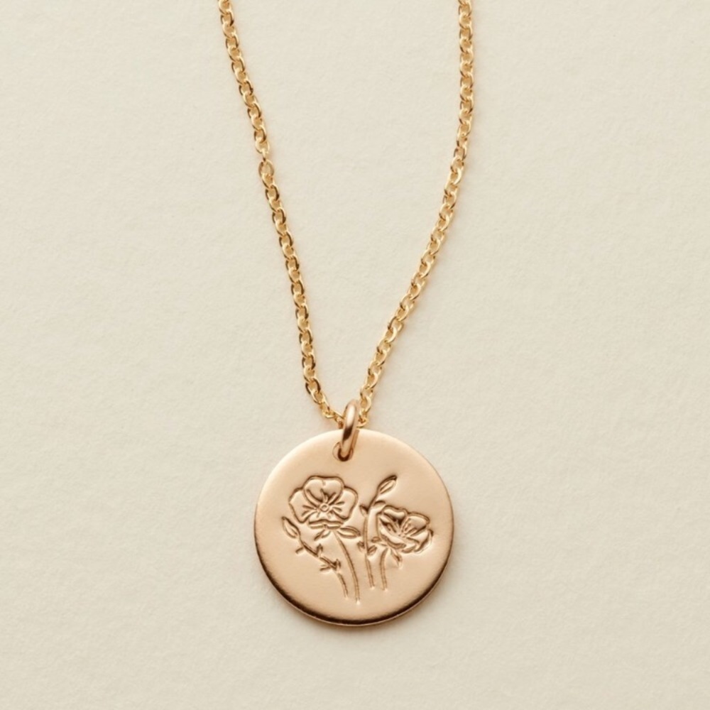 NEW August Poppy Birth Flower Gold Coin Necklace - Picture 4 of 16